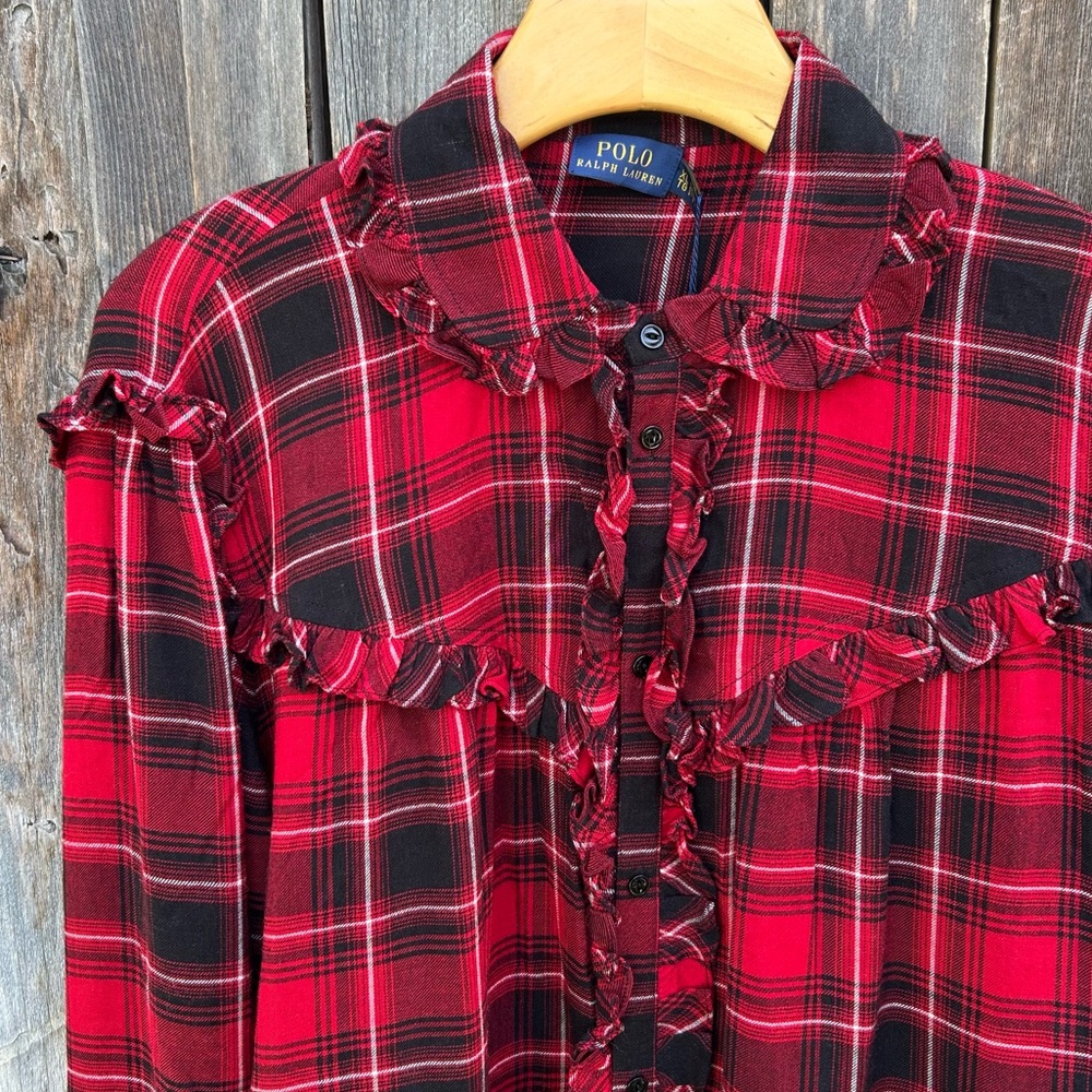 NWT Polo Ralph Lauren Ruffle Plaid Shirt Blouse Viscose Wool Red Black XL - Picture 3 of 16